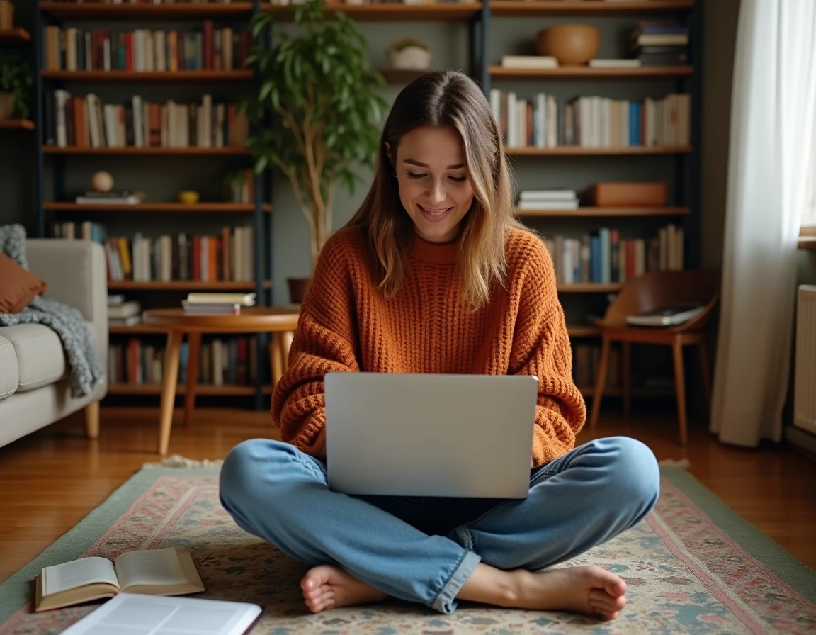 Jeune femme effectuant une recherche sur un moteur de recherche depuis son ordinateur portable entourée de livres et de notes