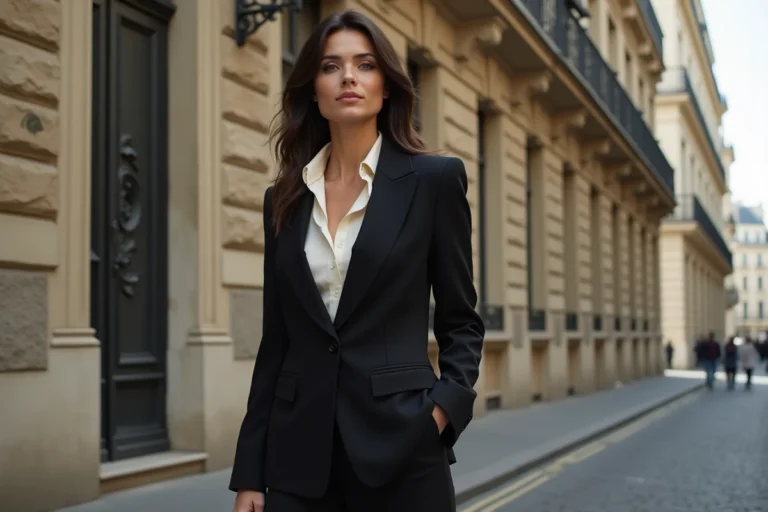 Portrait d'une actrice française élégante devant un immeuble haussmannien à Paris en automne