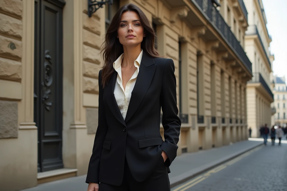 Portrait d'une actrice française élégante devant un immeuble haussmannien à Paris en automne