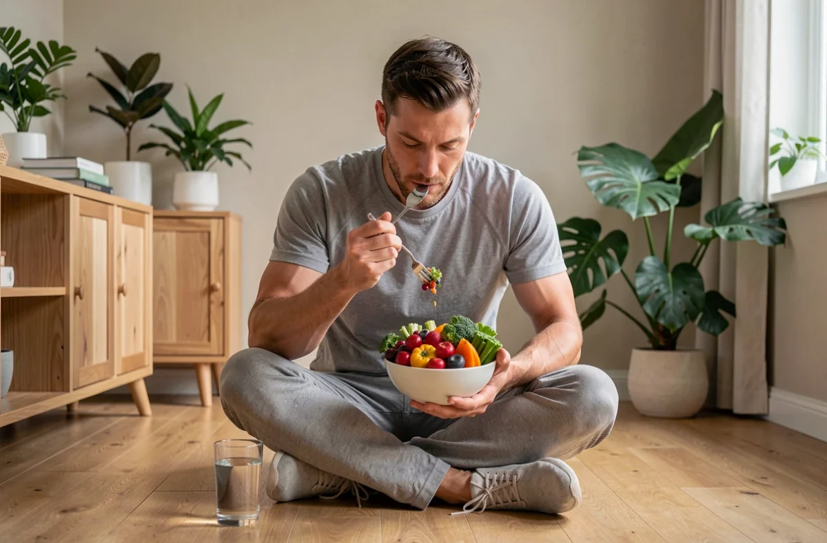 Homme mangeant un bol de légumes frais à la maison, conseils nutrition et mode de vie sain pour la santé