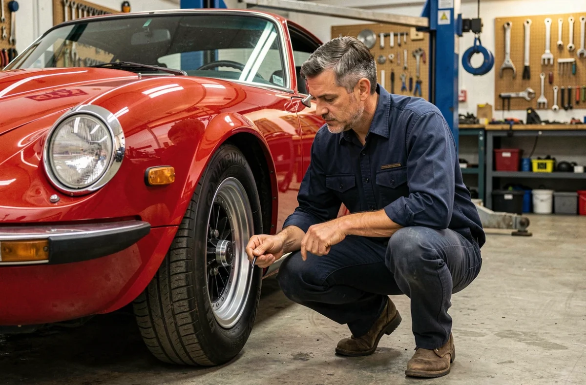 Amateur de voitures classiques inspectant une sportive rouge dans un atelier automobile authentique