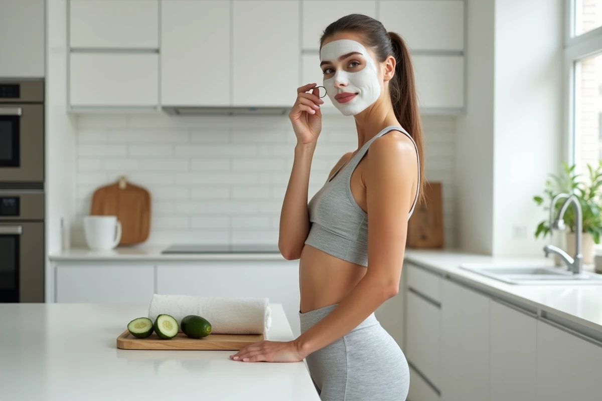 Femme appliquant un masque hydratant au pinceau dans une cuisine moderne, tendance bien-être et soins beauté à domicile