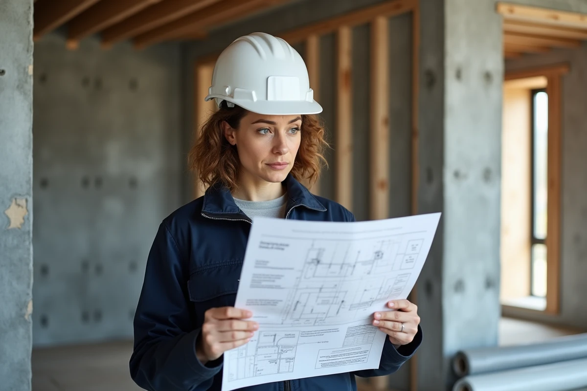 Architecte féminine consultant les spécifications techniques d'isolants thermiques dans un chantier de rénovation intérieure pour la RE 2026