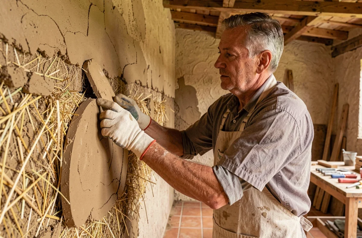 Artisan appliquant un enduit naturel en argile sur un mur intérieur d'une maison écologique à ossature bois et chanvre