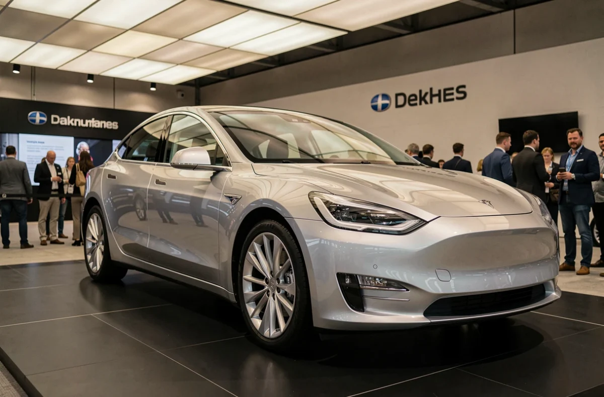 Berline électrique moderne exposée dans un salon automobile avec carrosserie argentée et design aérodynamique