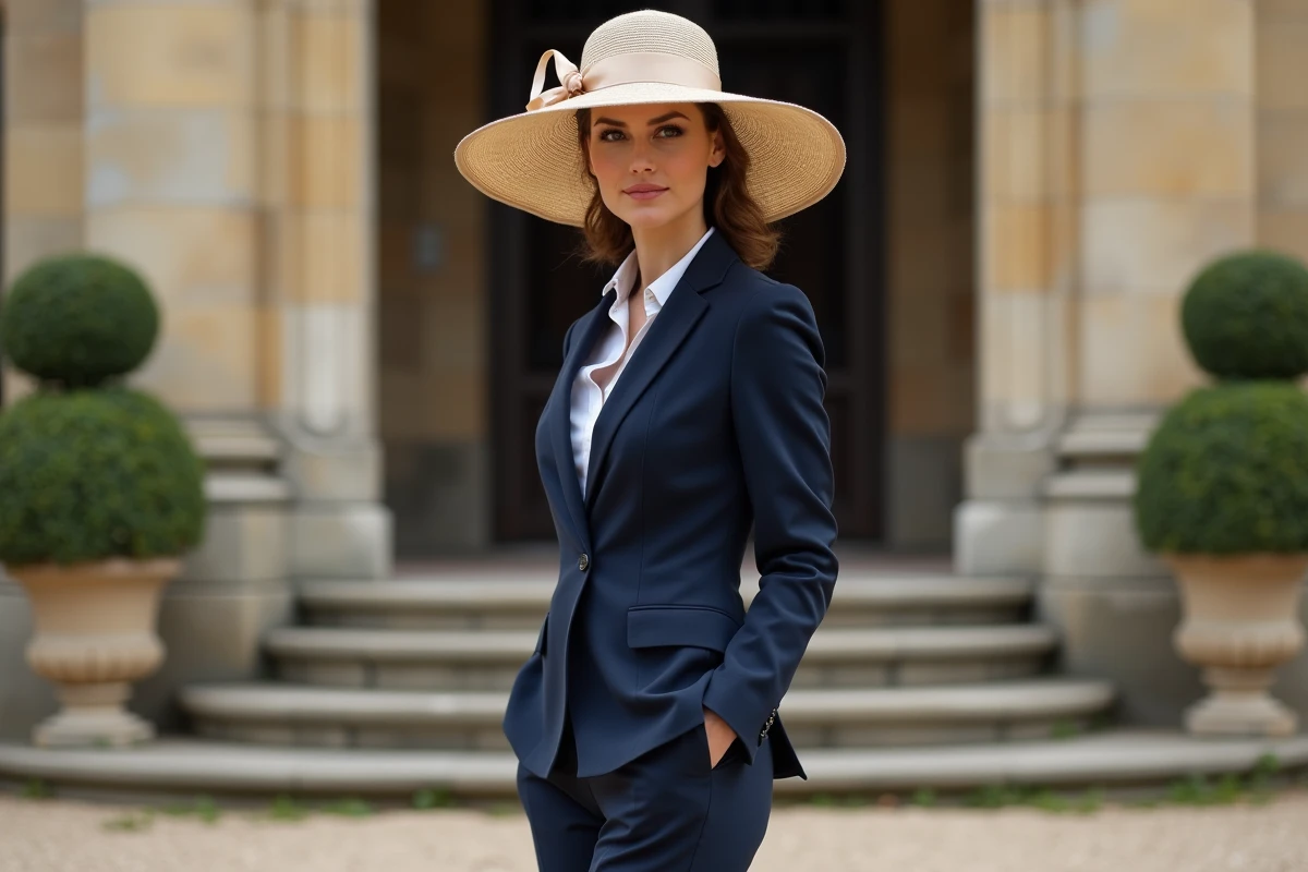 Invitée de mariage portant un chapeau capeline beige champagne et un tailleur bleu marine devant un château