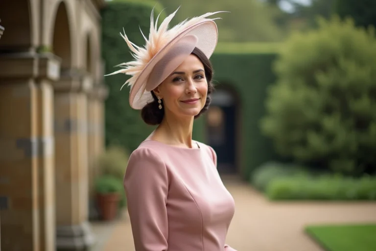 Femme élégante portant un chapeau fascinator ivoire avec voilette lors d'un mariage en extérieur