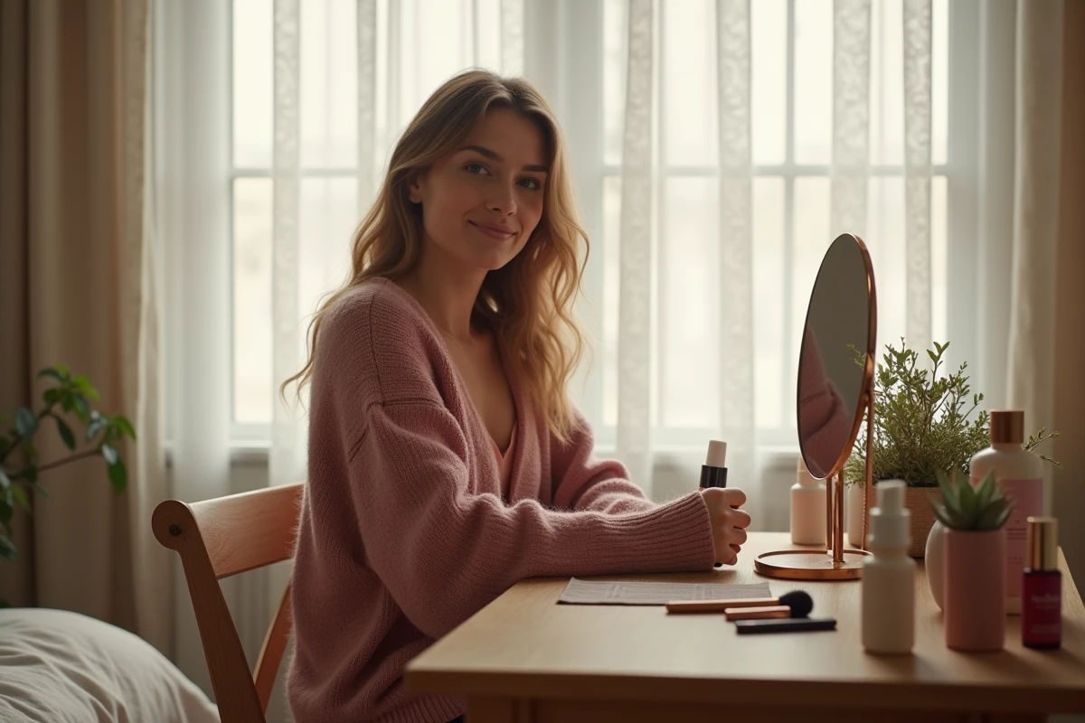 Jeune femme assise devant une coiffeuse en bois entourée de produits de soin et cosmétiques, tendances beauté naturelle