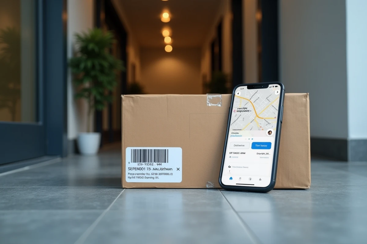 Colis de livraison Shein devant une porte d'appartement avec suivi sur téléphone