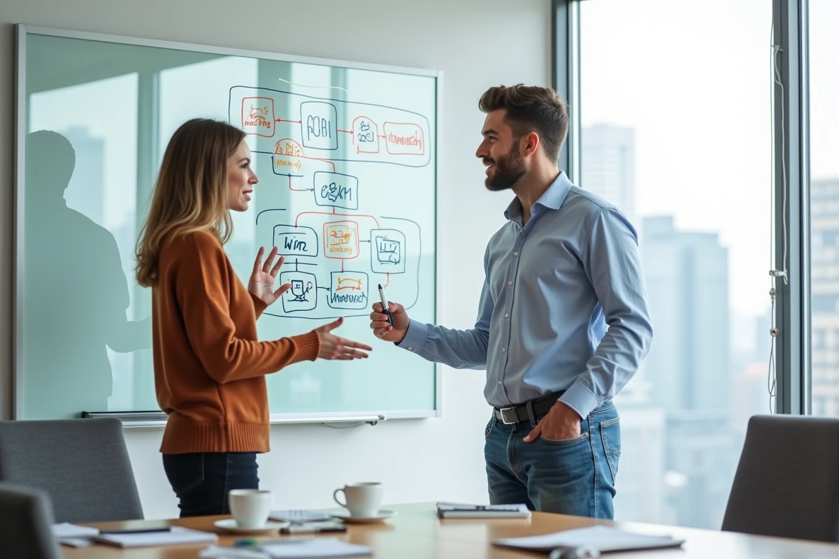Deux collègues discutant d'une architecture de sitemap dessinée sur un tableau en verre dans une salle de réunion