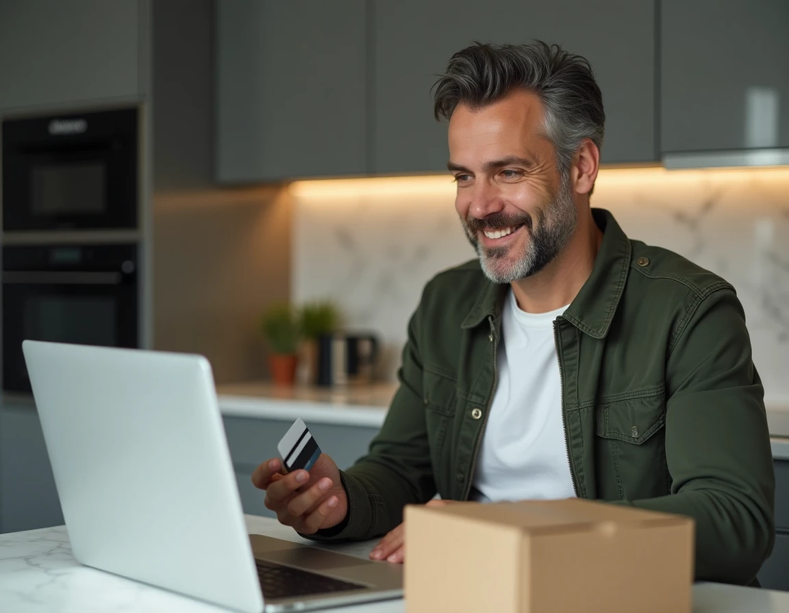 Homme effectuant un achat en ligne sur son ordinateur portable avec un colis déballé posé à côté de lui dans sa cuisine