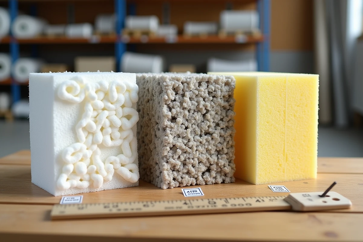 Comparaison de différents isolants thermiques — polystyrène expansé, ouate de cellulose et mousse polyuréthane — disposés sur une table de chantier pour le choix conforme RE 2026