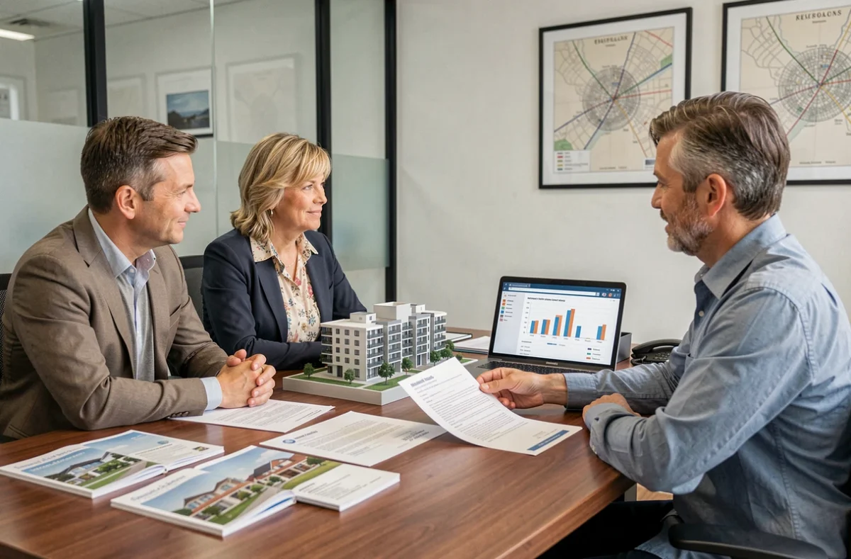 Couple discutant d'un investissement locatif avec un conseiller immobilier en agence