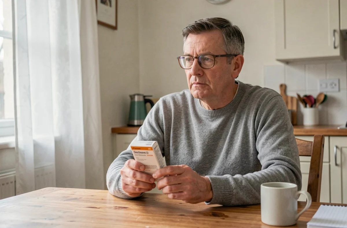 Homme tenant une boîte de médicament à la cuisine, réfléchissant aux conséquences de l'arrêt d'un traitement médical