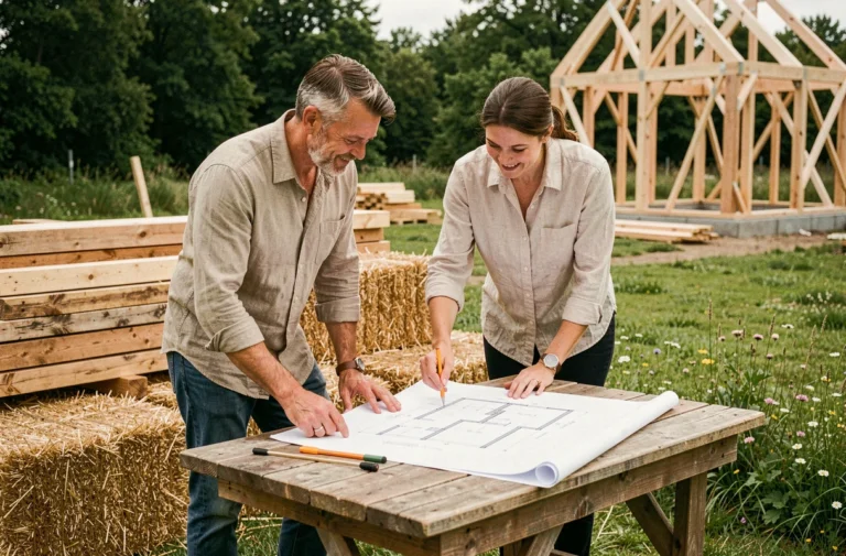 Couple examinant des plans architecturaux sur un chantier de construction écologique avec des bottes de paille et des poutres en bois naturel