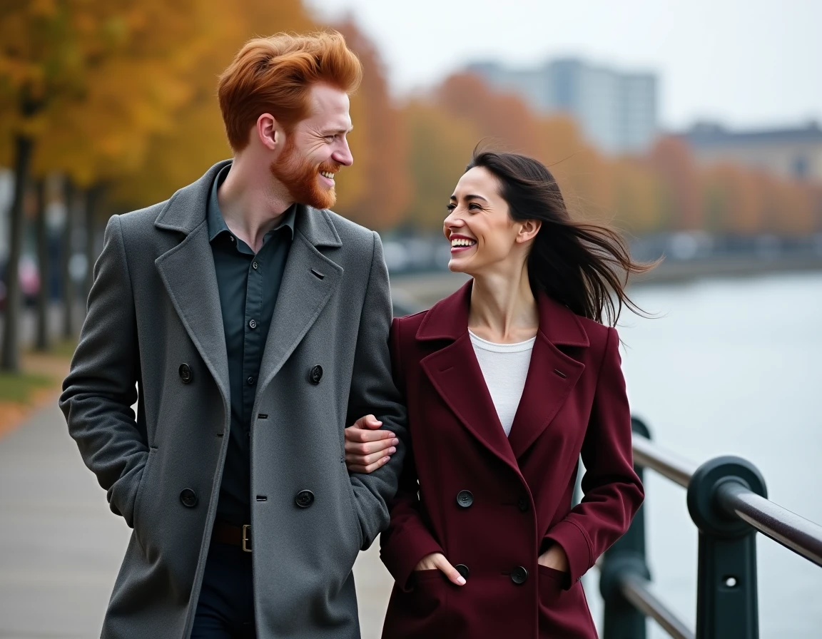 Couple élégant se promenant au bord de l'eau en automne, évoquant une relation amoureuse épanouie et complice