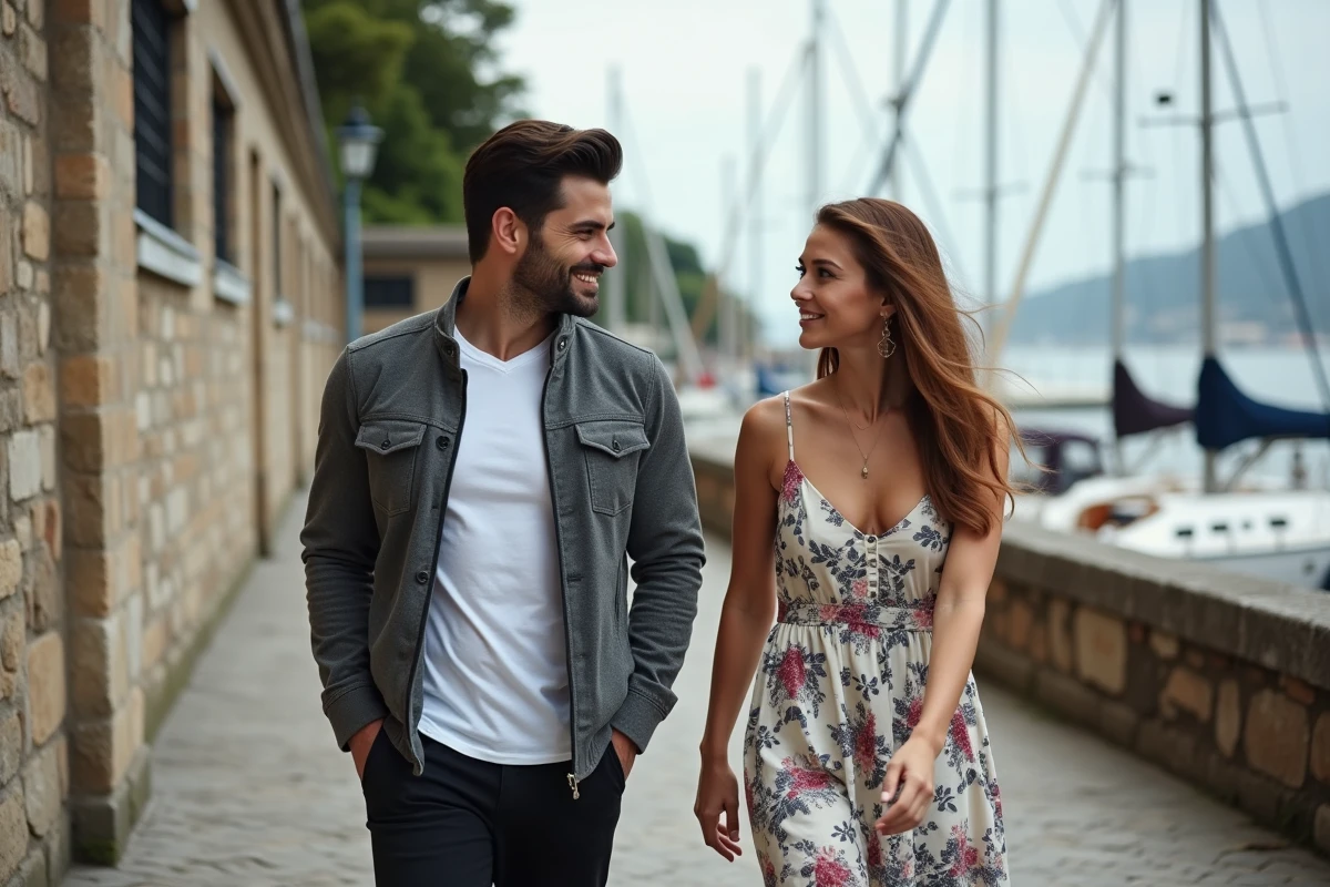 Couple romantique se promenant sur un port méditerranéen, atmosphère complice et naturelle