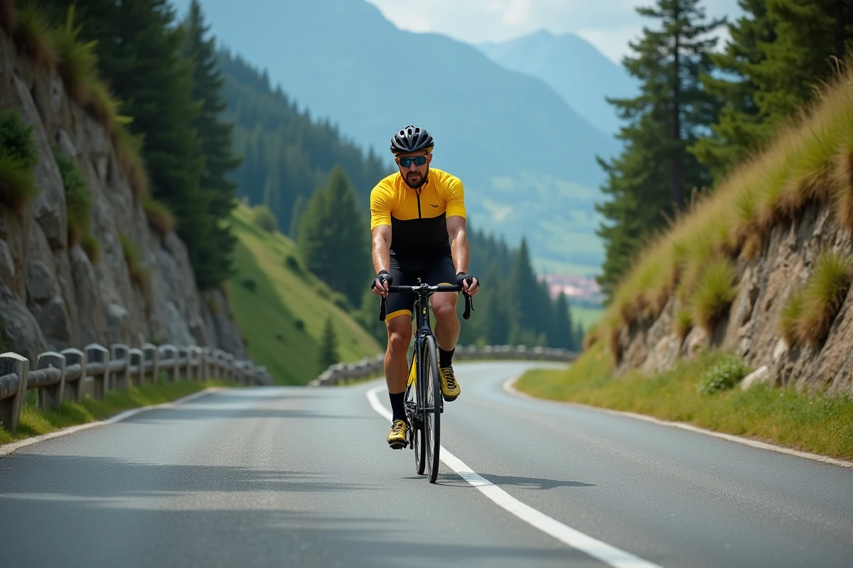 Cycliste grimpant vers le col du Petit Saint-Bernard sur une route alpine escarpée entourée de forêts de conifères