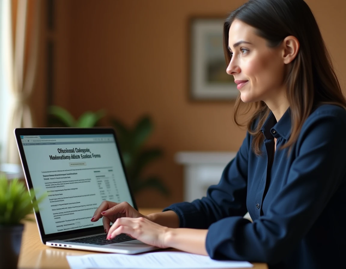 Femme effectuant des démarches administratives en ligne sur son ordinateur portable depuis son domicile