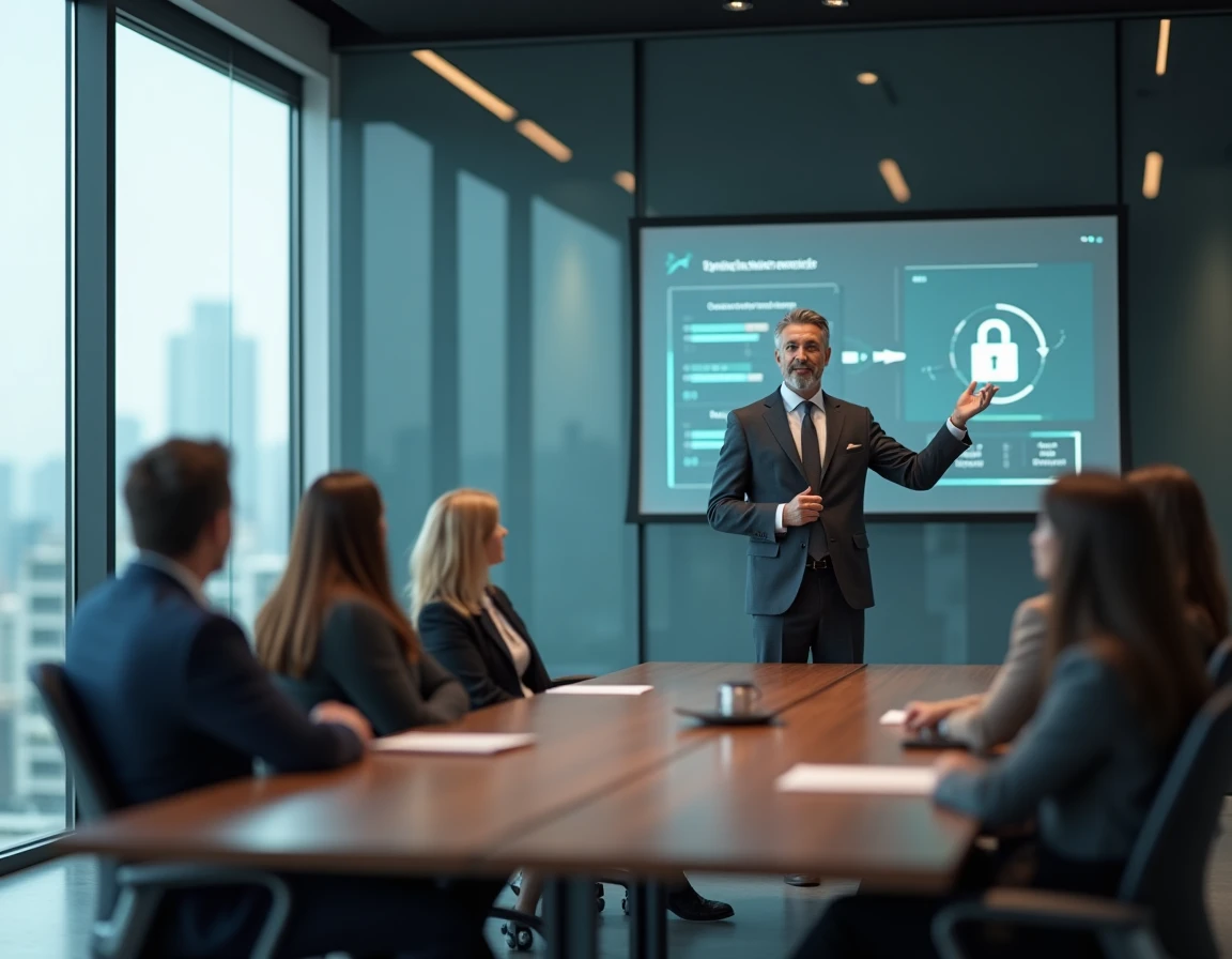 Dirigeant d'entreprise présentant une stratégie de cybersécurité moderne lors d'une réunion de direction en salle de conférence
