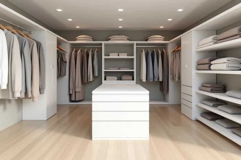 Dressing fonctionnel avec étagères blanches, rails de suspension et tiroirs en bois clair pour optimiser l'espace de rangement
