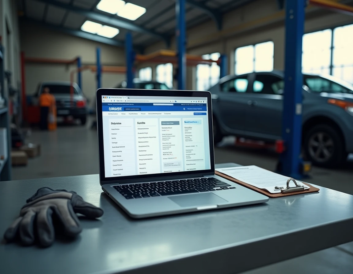 Écran d'ordinateur portable affichant un espace affilié de centre de contrôle technique dans un garage professionnel