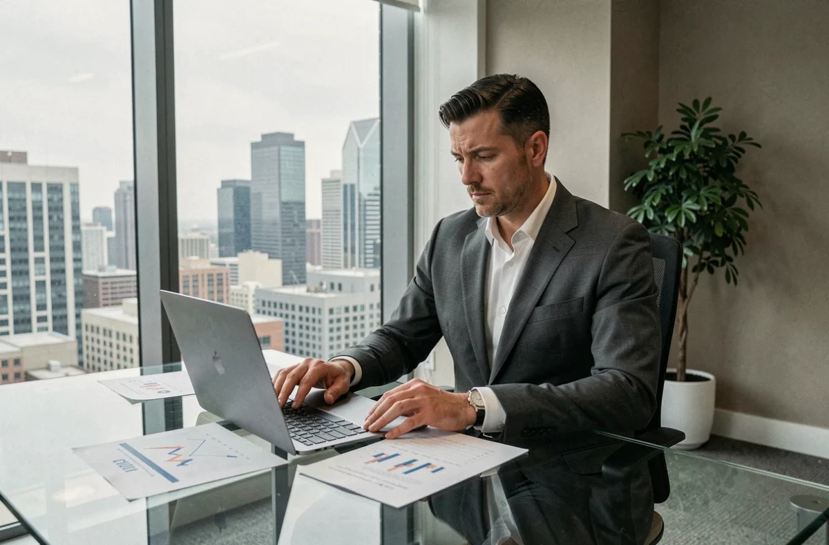 Entrepreneur masculin analysant des données financières dans un bureau moderne avec vue sur la ville