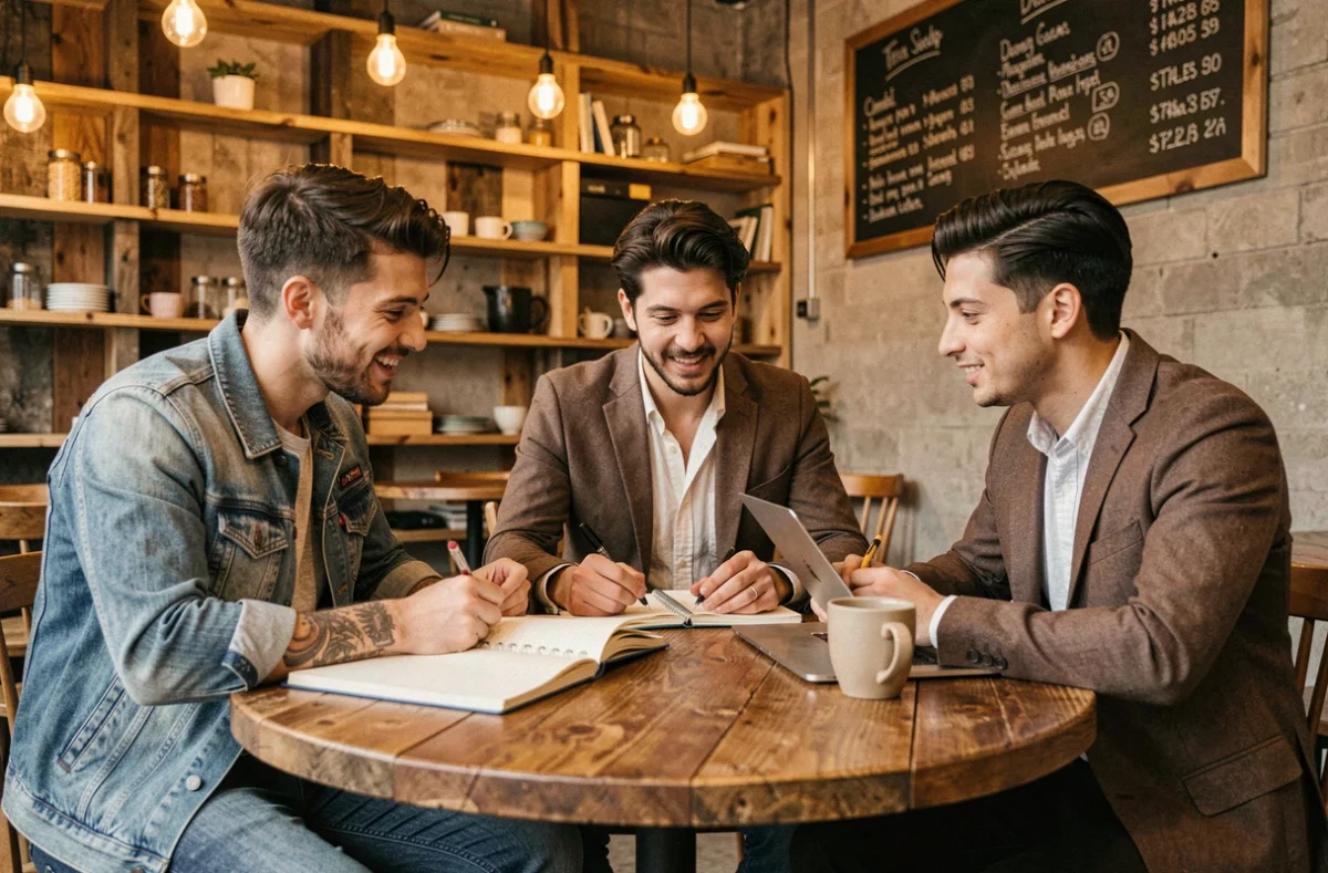 Équipe de jeunes entrepreneurs discutant de stratégies business autour d'une table dans un café startup