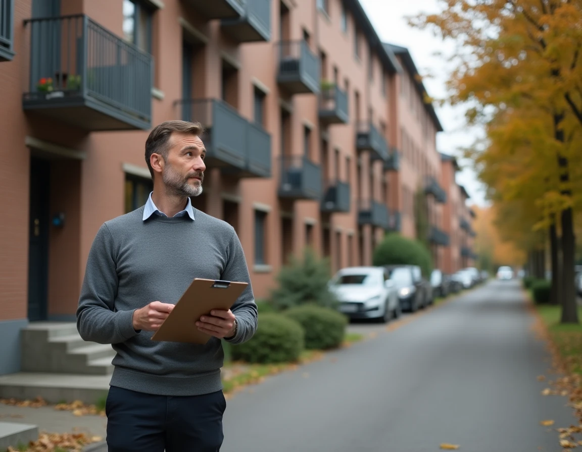 Propriétaire évaluant un immeuble résidentiel locatif dans une rue européenne calme