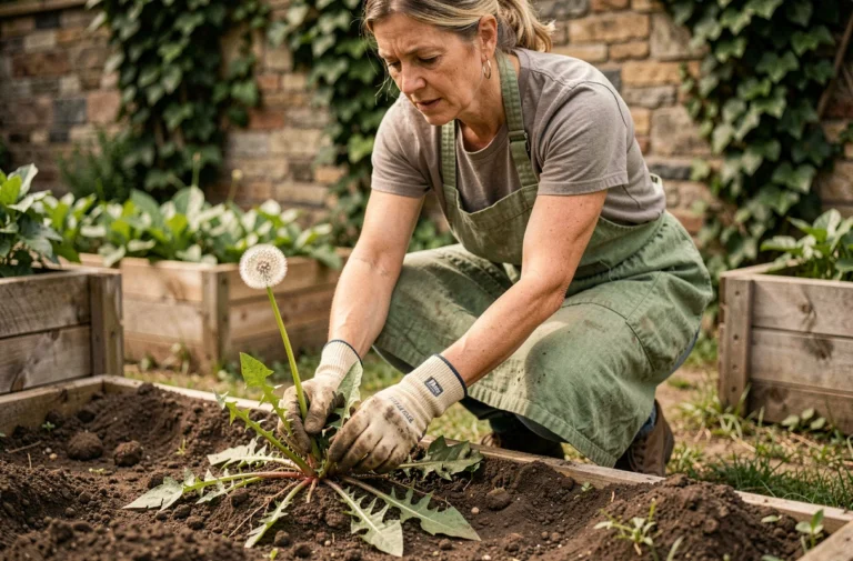 Femme jardinière arrachant des mauvaises herbes à la main dans un potager avec des gants de jardinage