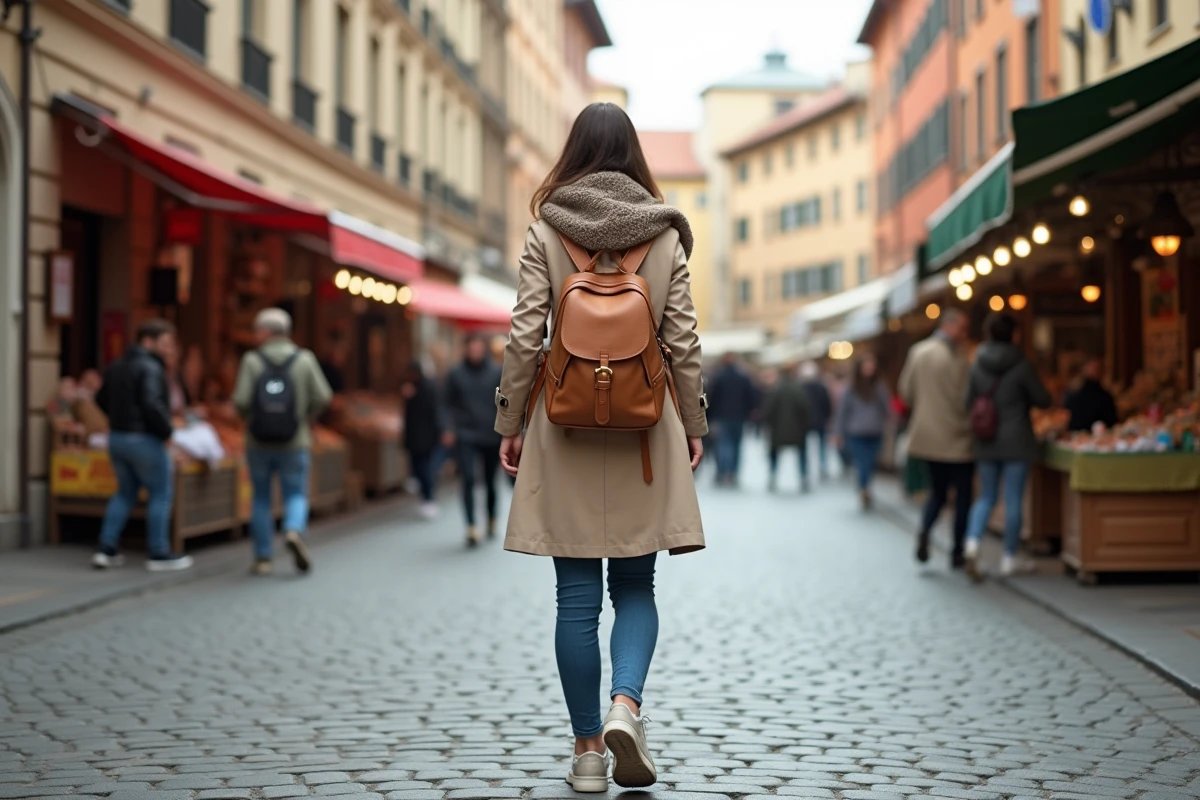 Jeune femme avec sac à dos dans une place européenne