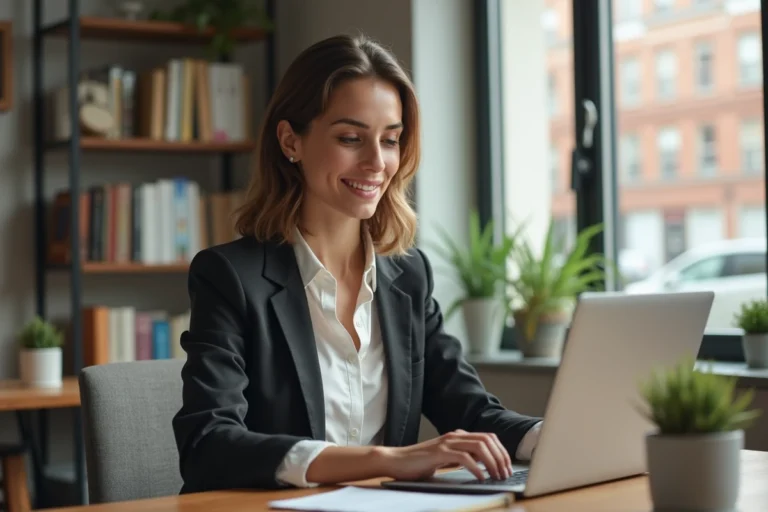 Femme concentrée travaillant à son bureau lumineux