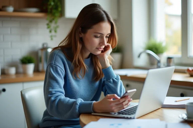 Femme assise à la cuisine avec ordinateur et smartphone