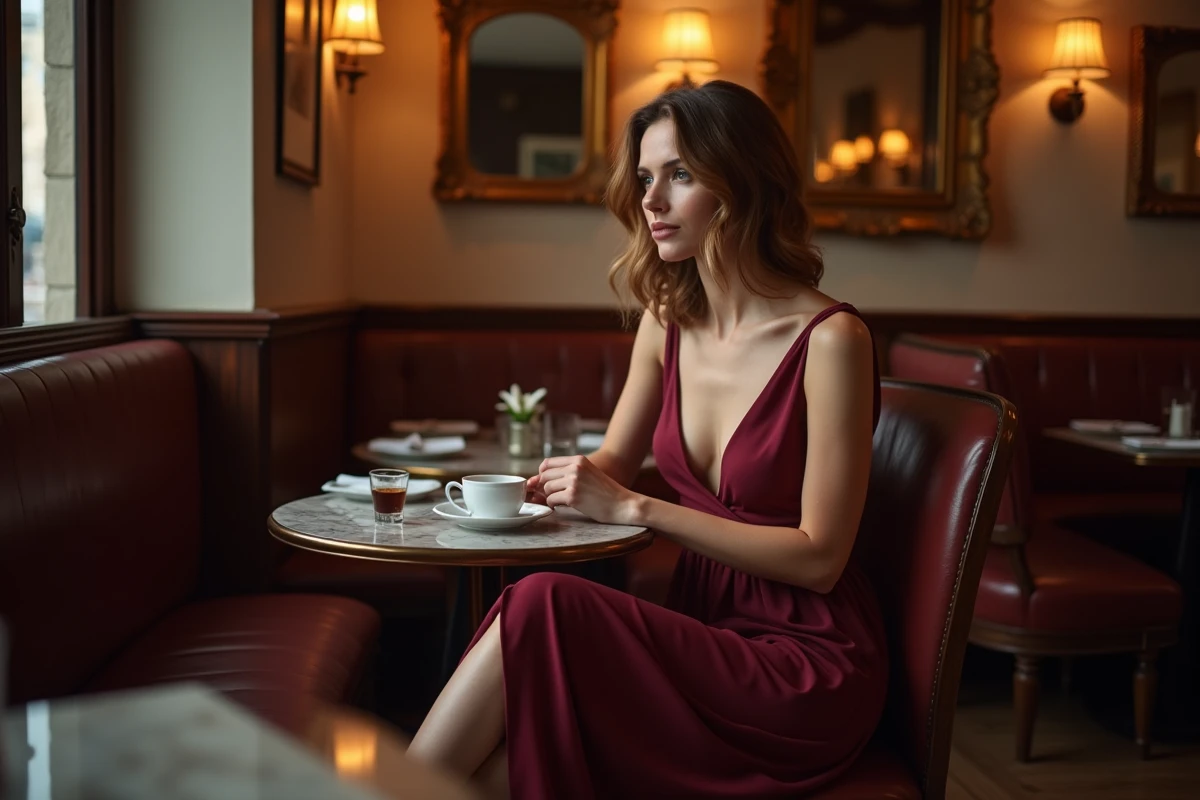 Femme française élégante assise dans une brasserie parisienne classique avec une tasse d'espresso
