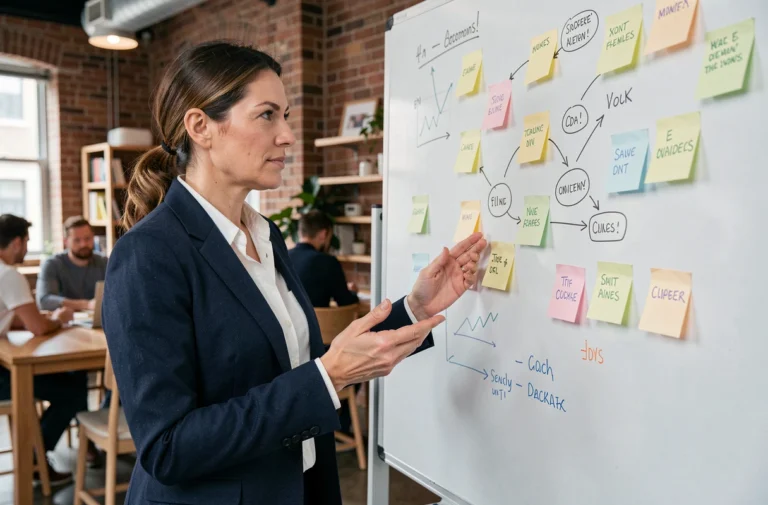 Femme entrepreneur présentant une stratégie business sur un tableau blanc dans un espace de coworking moderne
