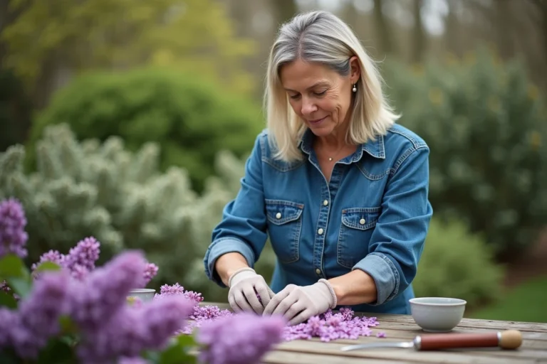 Femme en denim préparant des lilas dans son jardin