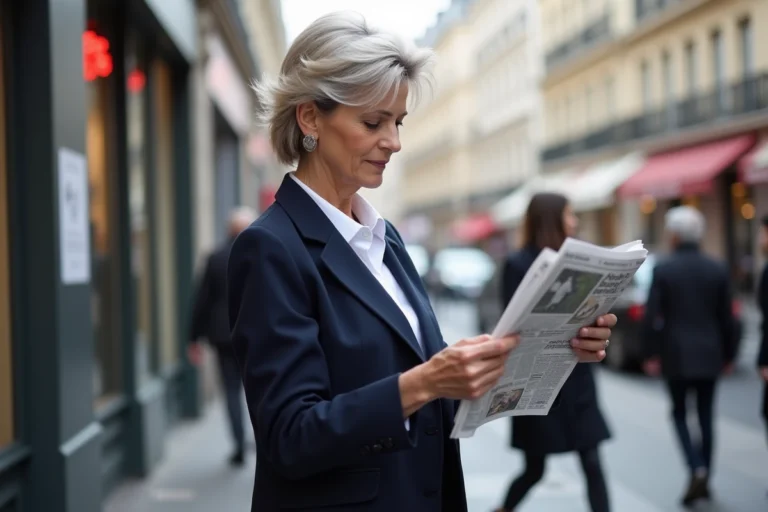 Femme parisienne lisant un journal dans la rue