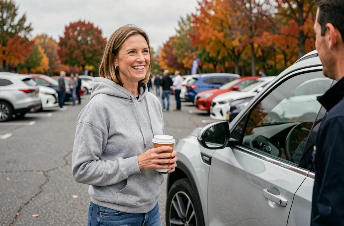 Femme passionnée de voitures discutant lors d'un rassemblement automobile en plein air à l'automne
