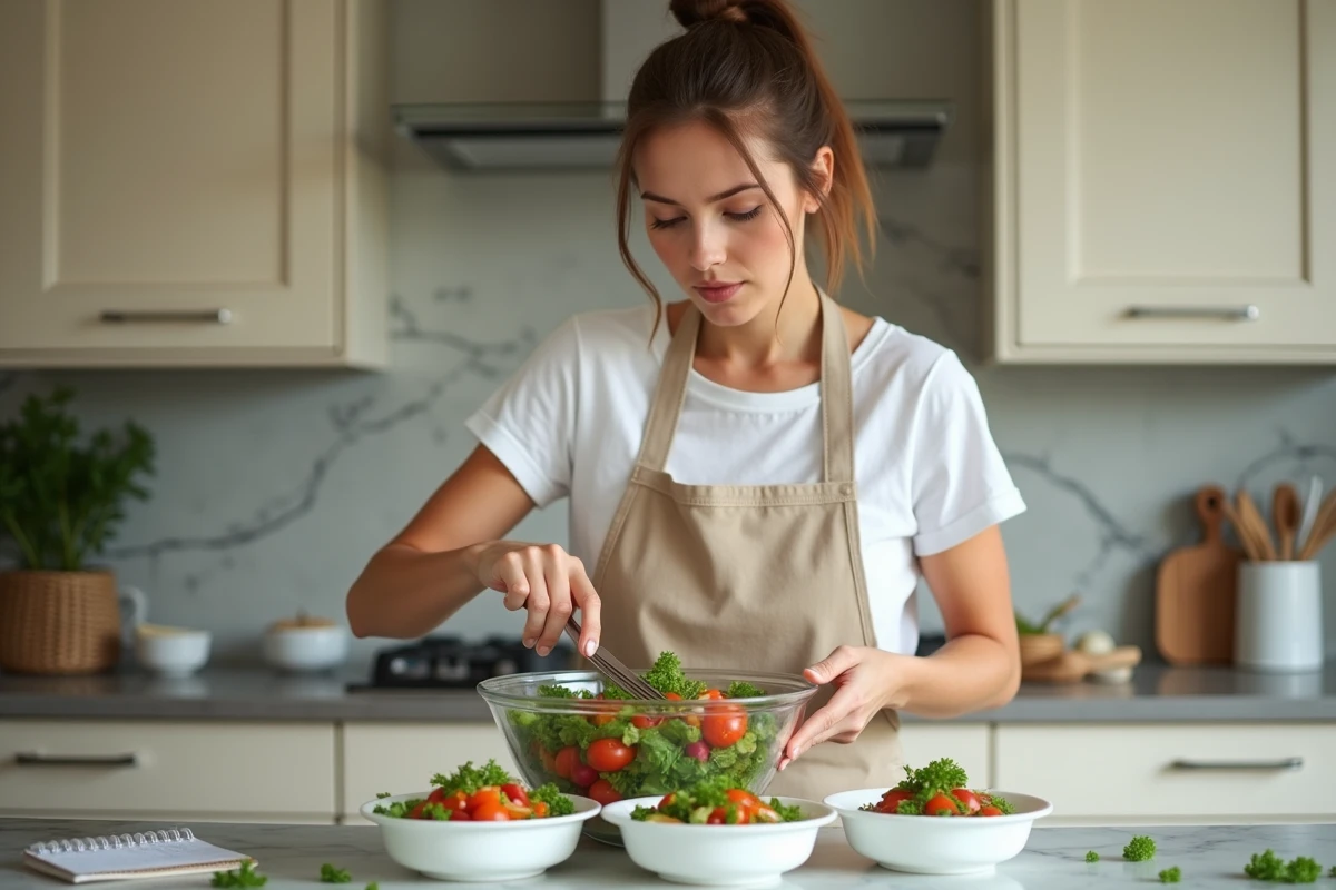 Femme portionnant une salade piémontaise dans des assiettes individuelles avec notes caloriques visibles sur le comptoir