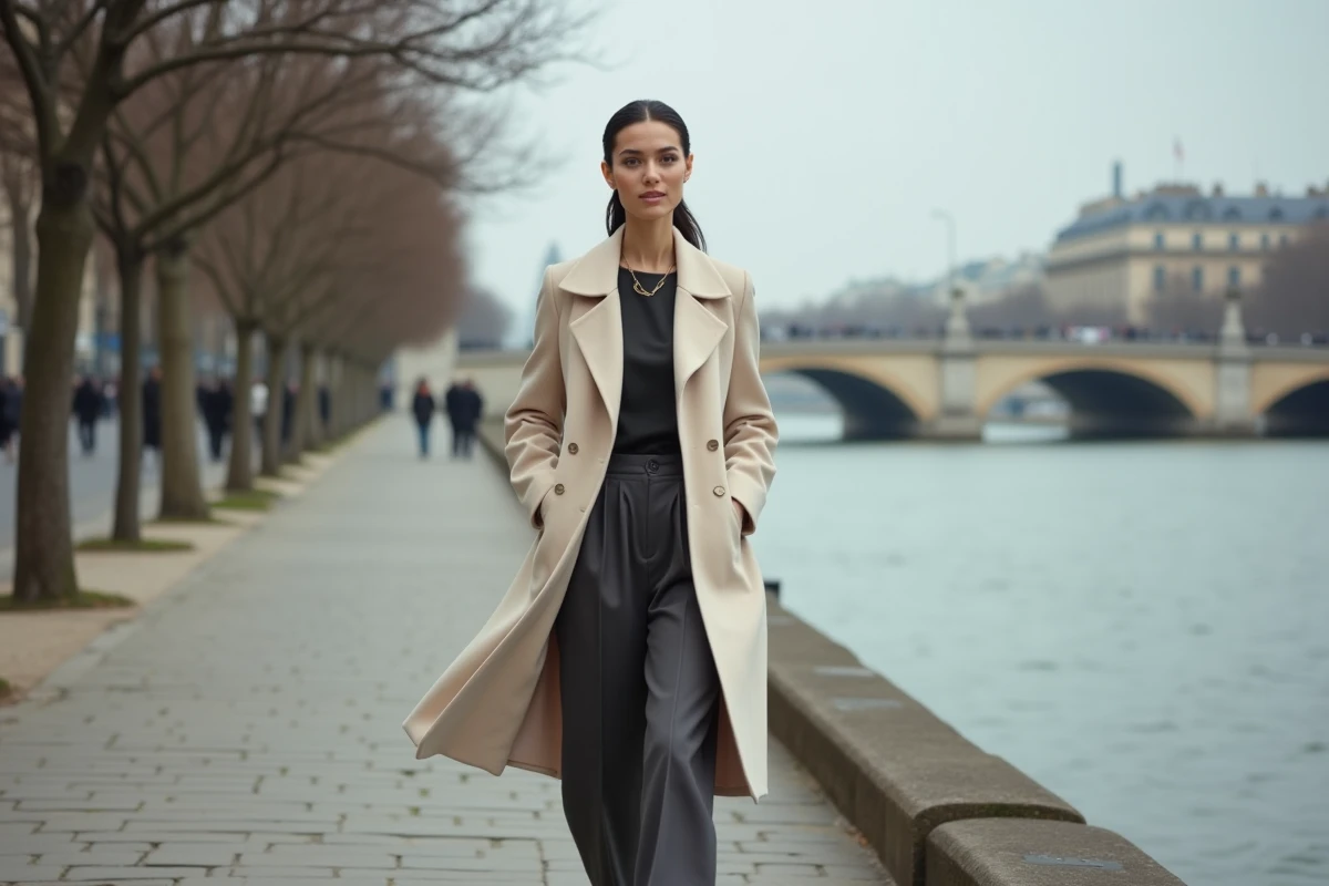 Femme française élégante marchant sur les quais de la Seine avec le Pont des Arts en arrière-plan