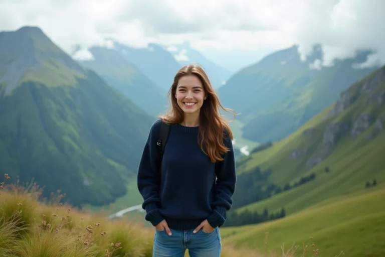 Femme souriante en montagne avec vue panoramique