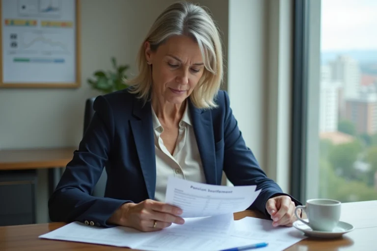 Femme d'âge moyen examine une déclaration de pension dans son bureau