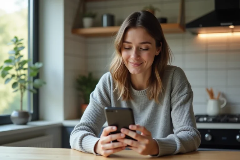 Jeune femme souriante utilisant un téléphone Android dans la cuisine
