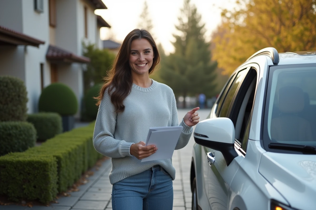 Jeune femme vérifiant les réglages du miroir de son SUV
