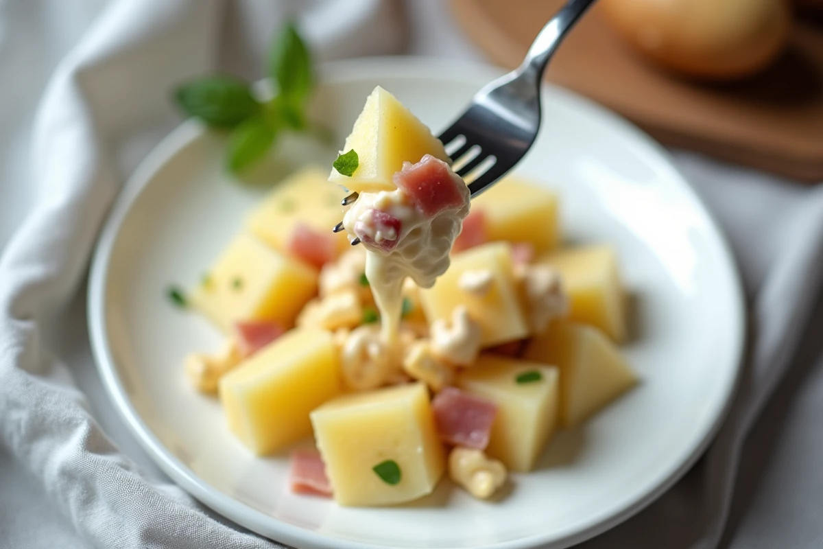 Gros plan d'une fourchette soulevant une bouchée de salade piémontaise crémeuse avec étiquette nutritionnelle en arrière-plan