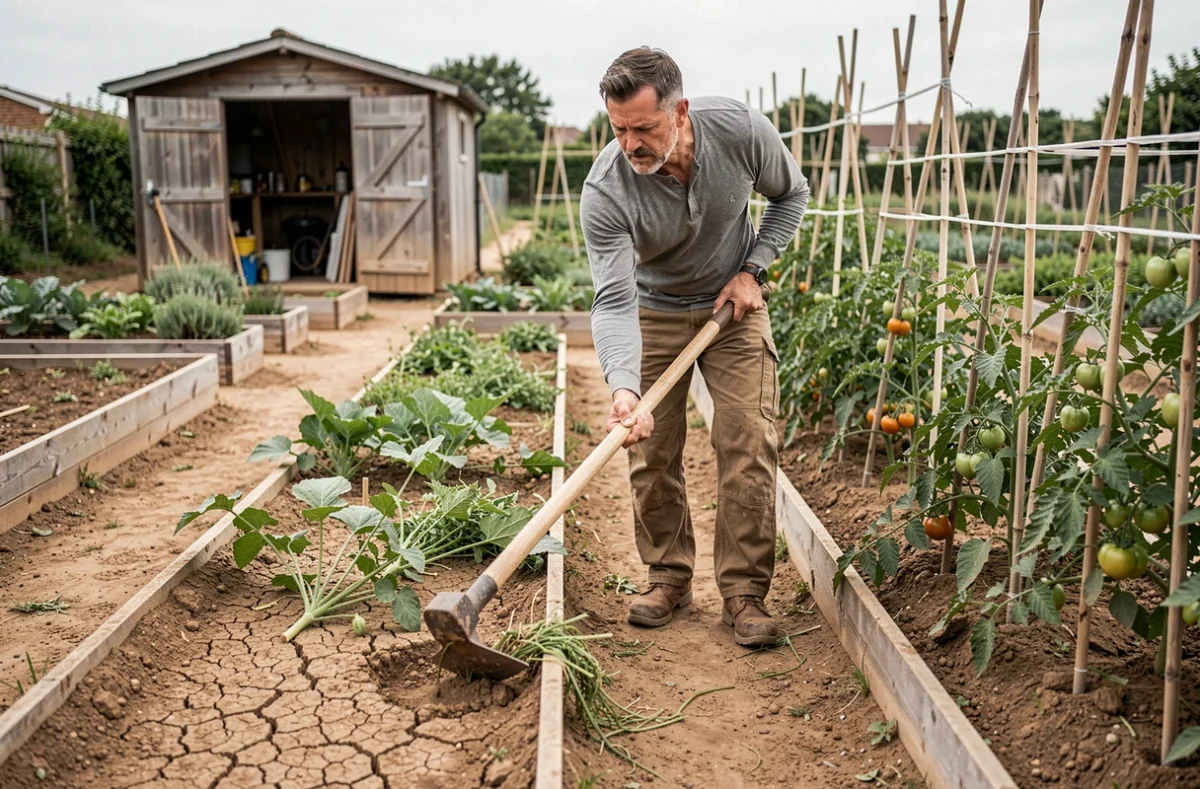 Homme utilisant une binette pour désherber entre les rangs de légumes dans un jardin potager