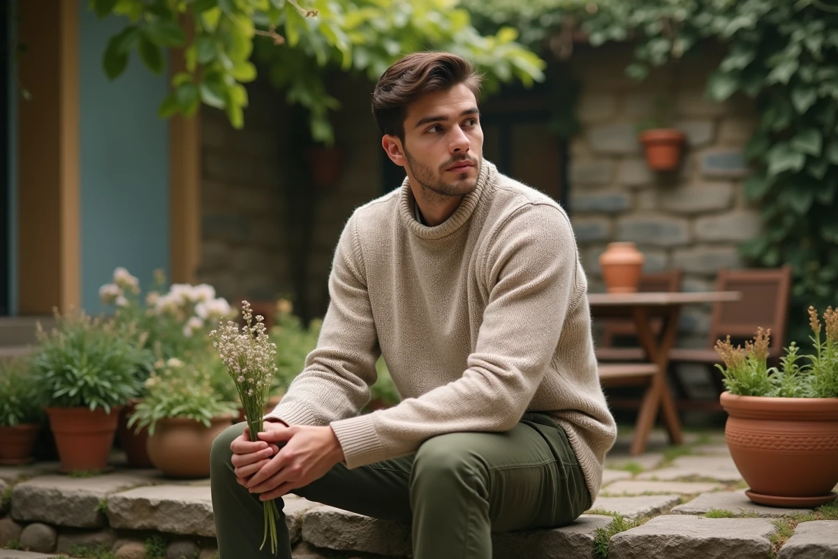 Jeune homme pensif tenant un bouquet de fleurs dans un jardin privé, ambiance romantique et intimiste