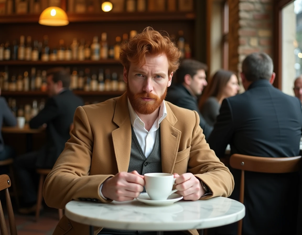 Homme pensif attablé dans un café parisien, reflet d'une vie sentimentale intime et d'une personnalité discrète