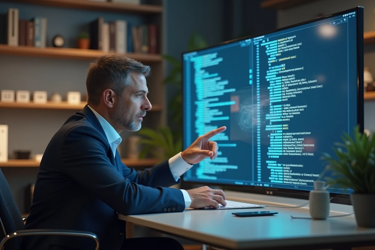 Homme d affaires analysant du code sur une projection holographique