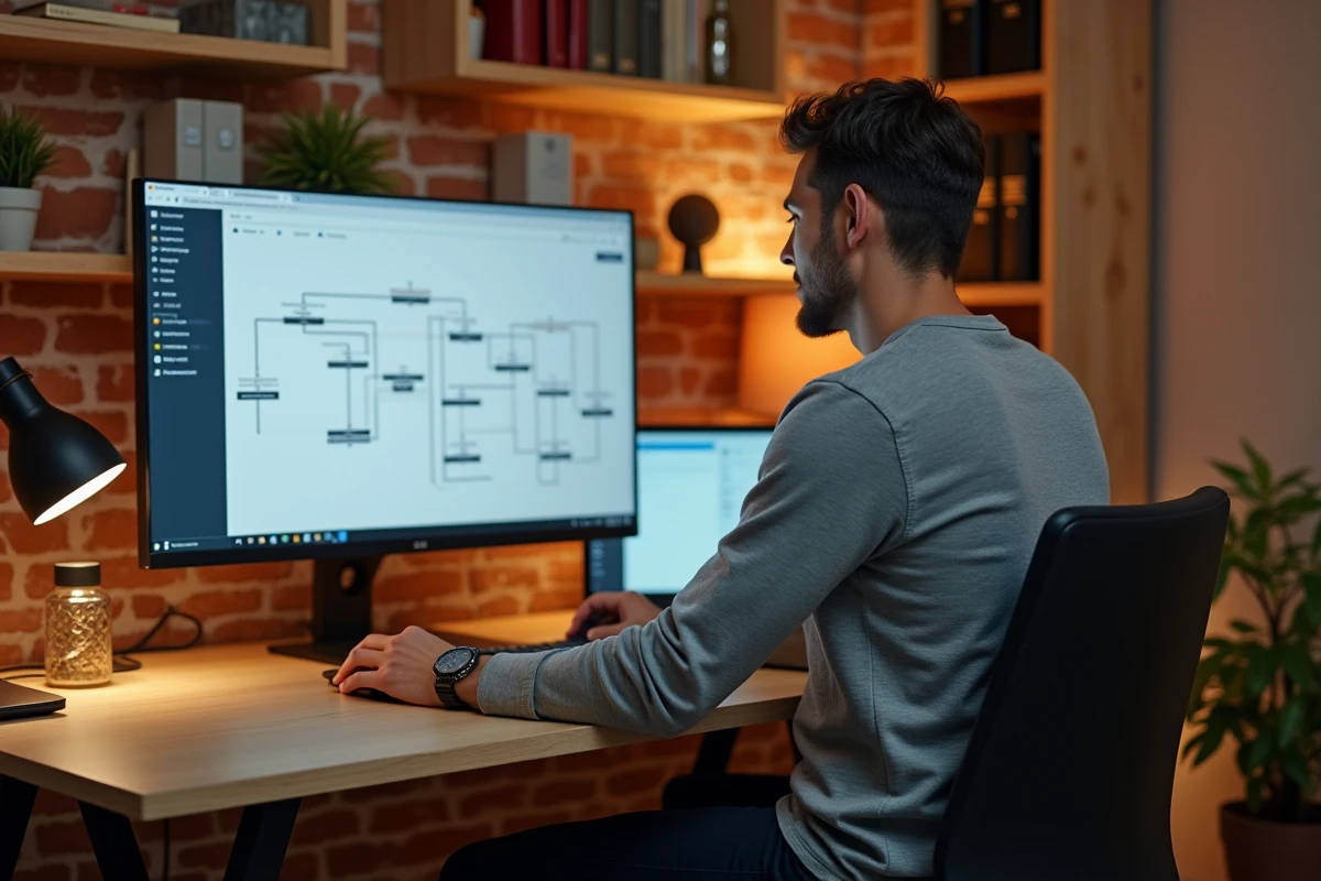Homme consultant un sitemap de site web sur un grand écran dans un bureau à domicile